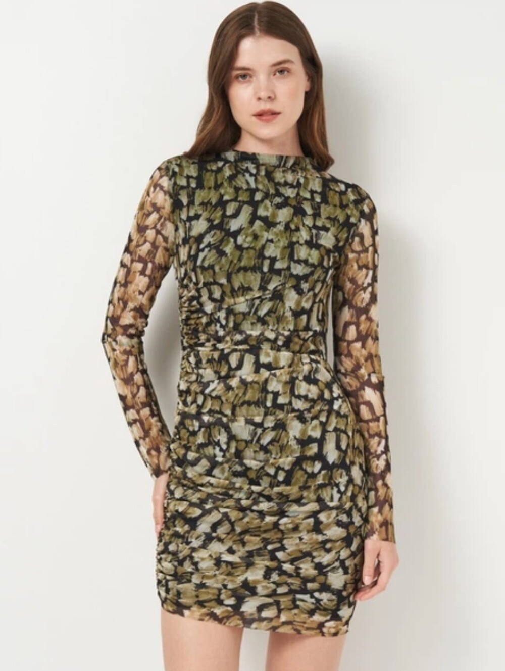 Zara Green Black Long Mesh Sleeve Tulle Ruched Print Dress